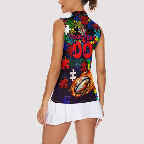 Roosters Autism Awareness Women Sleeveless Polo Shirt Puzzle Flames Rugby Ball