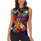 Roosters Autism Awareness Women Sleeveless Polo Shirt Puzzle Flames Rugby Ball