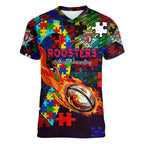 Roosters Autism Awareness Women V-Neck T-Shirt Puzzle Flames Rugby Ball