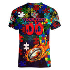 Roosters Autism Awareness Women V-Neck T-Shirt Puzzle Flames Rugby Ball