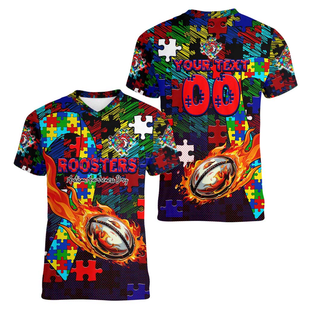 Roosters Autism Awareness Women V-Neck T-Shirt Puzzle Flames Rugby Ball