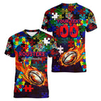 Roosters Autism Awareness Women V-Neck T-Shirt Puzzle Flames Rugby Ball