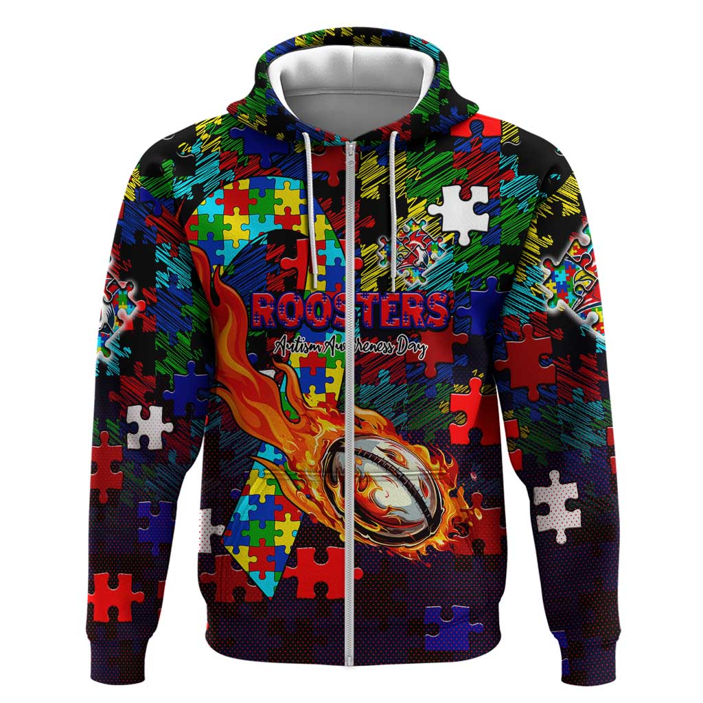 Roosters Autism Awareness Zip Hoodie Puzzle Flames Rugby Ball