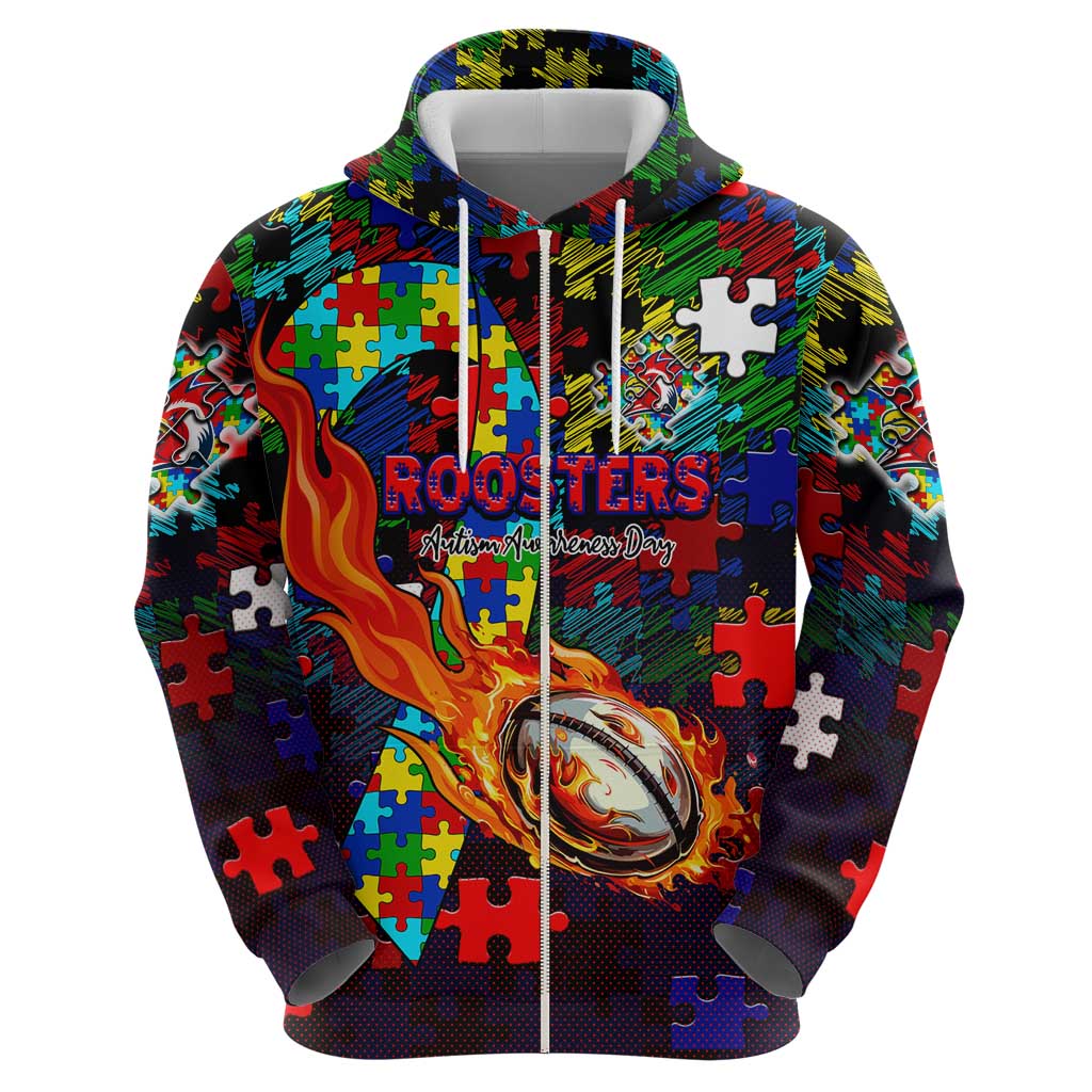 Roosters Autism Awareness Zip Hoodie Puzzle Flames Rugby Ball