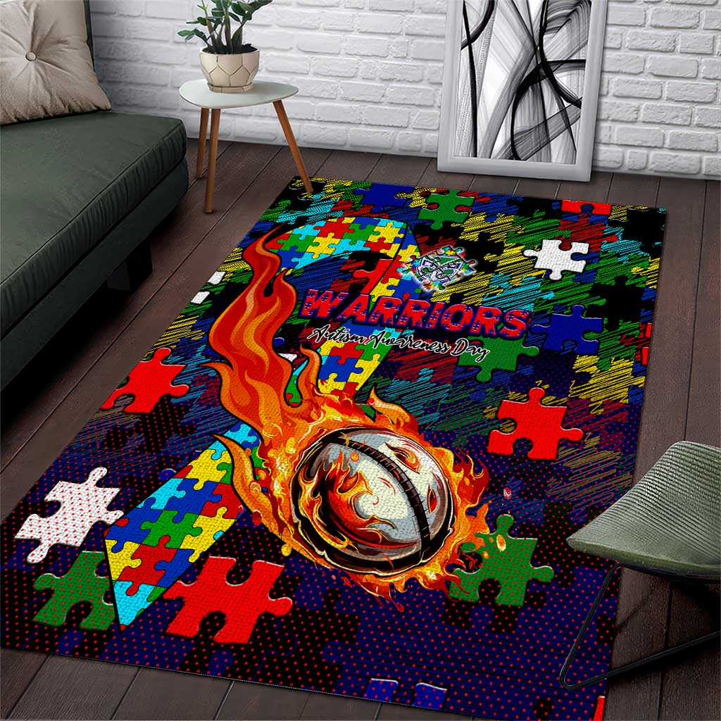 New Zealand Warriors Autism Awareness Area Rug Puzzle Flames Rugby Ball