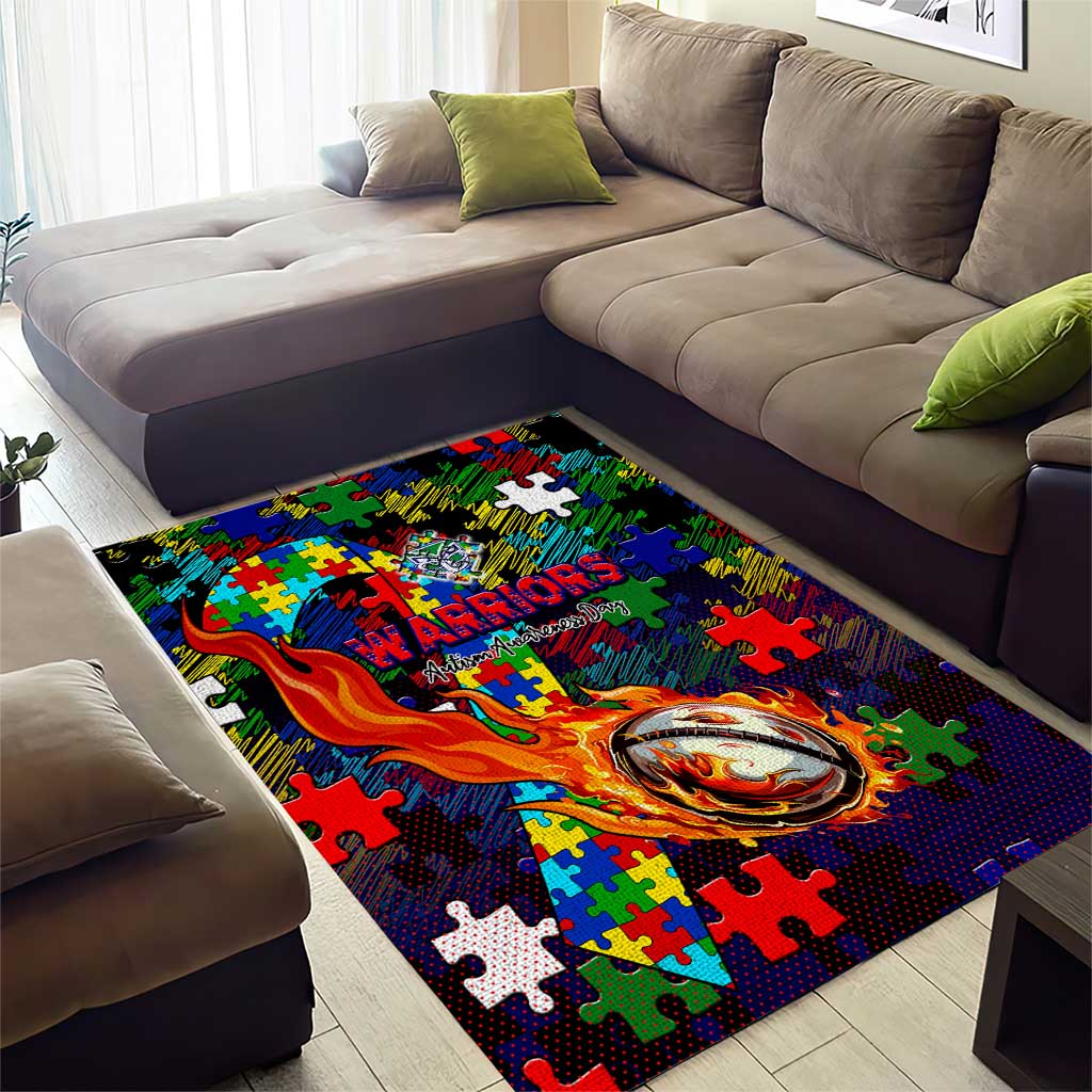 New Zealand Warriors Autism Awareness Area Rug Puzzle Flames Rugby Ball