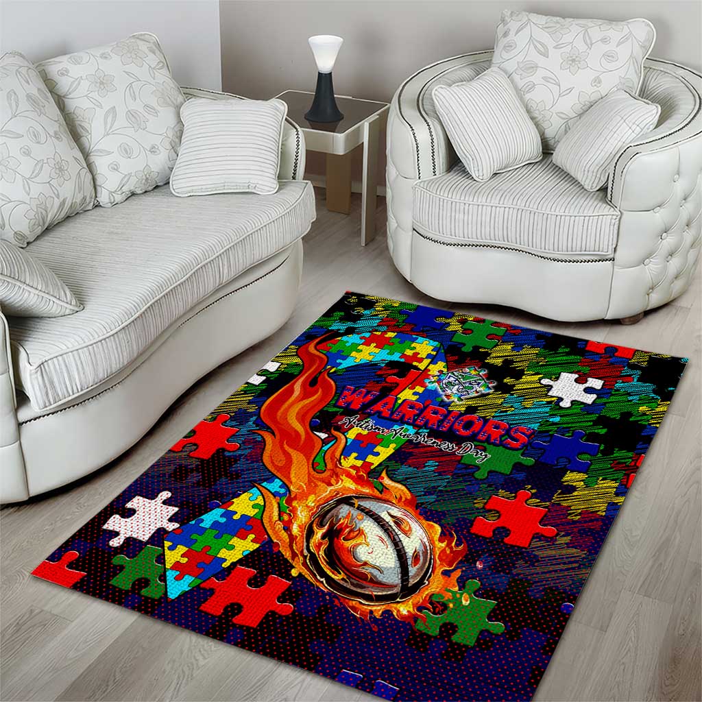New Zealand Warriors Autism Awareness Area Rug Puzzle Flames Rugby Ball