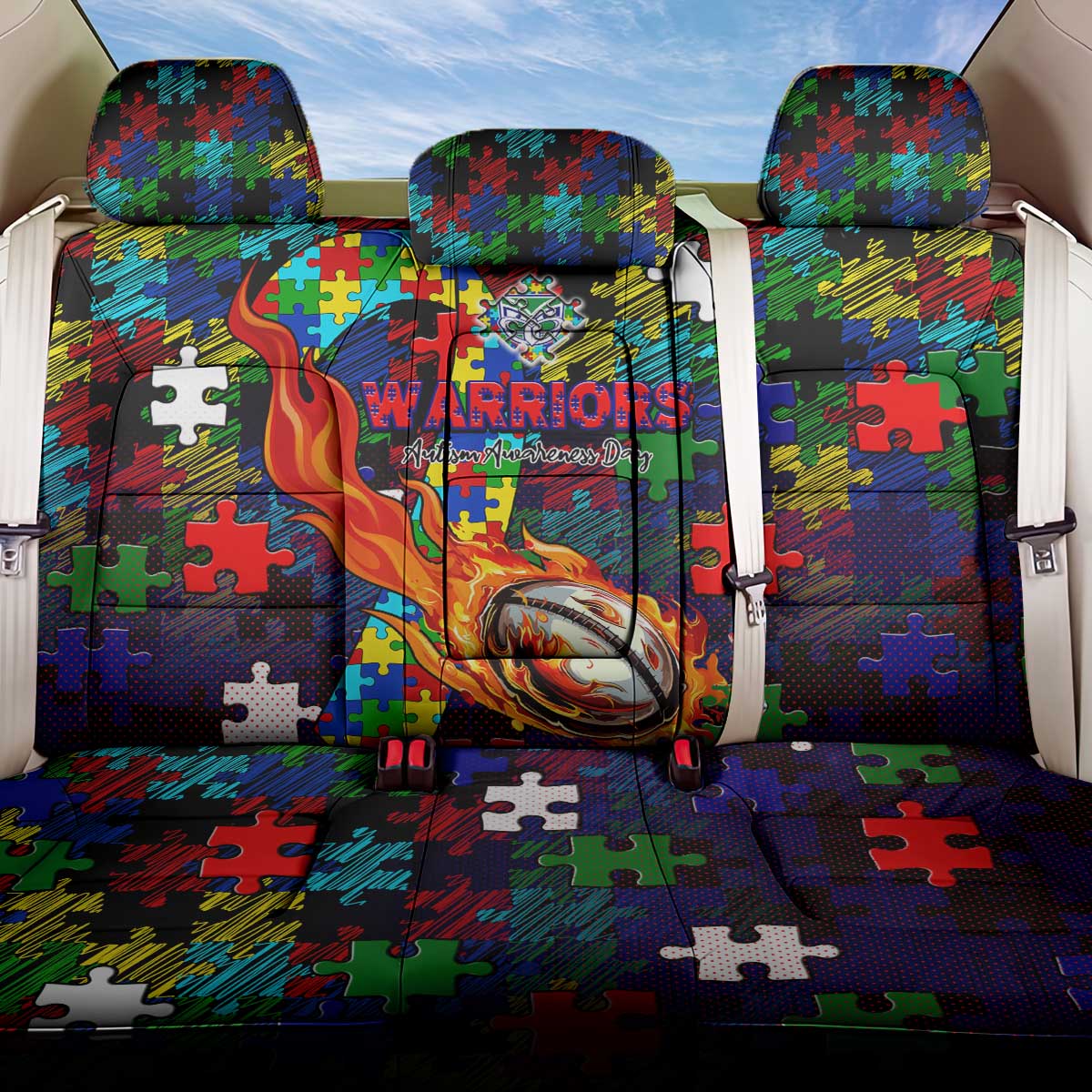 New Zealand Warriors Autism Awareness Back Car Seat Cover Puzzle Flames Rugby Ball