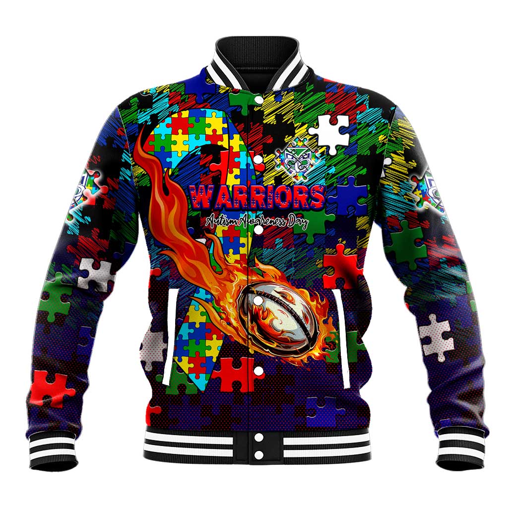New Zealand Warriors Autism Awareness Baseball Jacket Puzzle Flames Rugby Ball