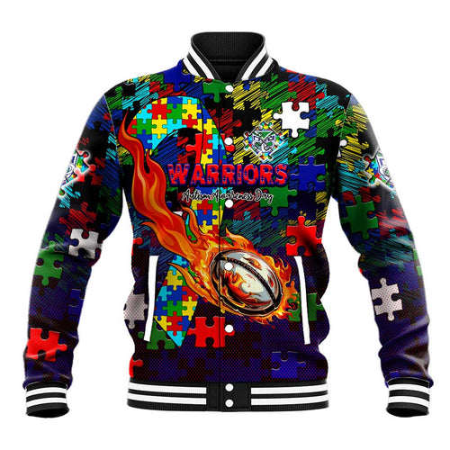 New Zealand Warriors Autism Awareness Baseball Jacket Puzzle Flames Rugby Ball