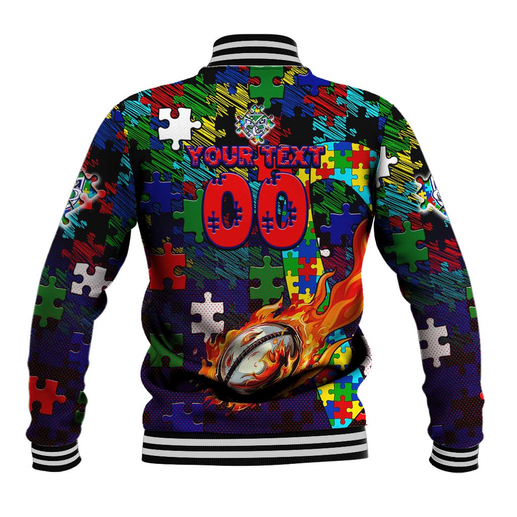 New Zealand Warriors Autism Awareness Baseball Jacket Puzzle Flames Rugby Ball