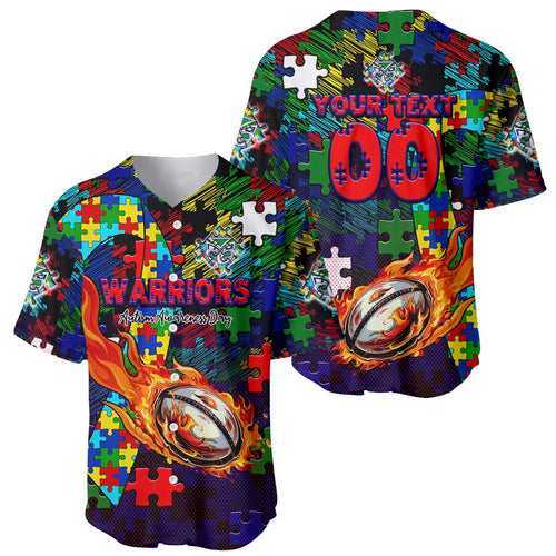 New Zealand Warriors Autism Awareness Baseball Jersey Puzzle Flames Rugby Ball