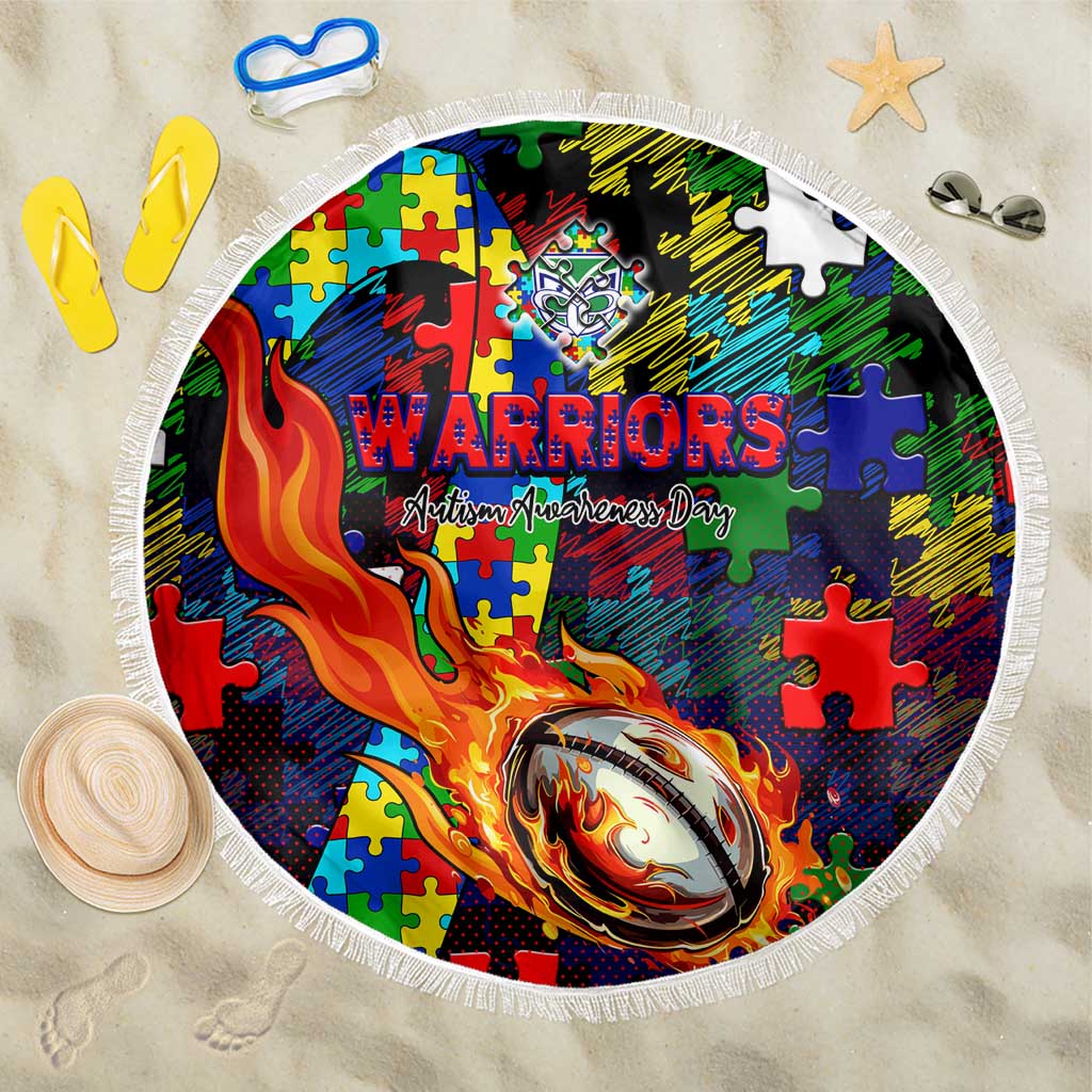 New Zealand Warriors Autism Awareness Beach Blanket Puzzle Flames Rugby Ball