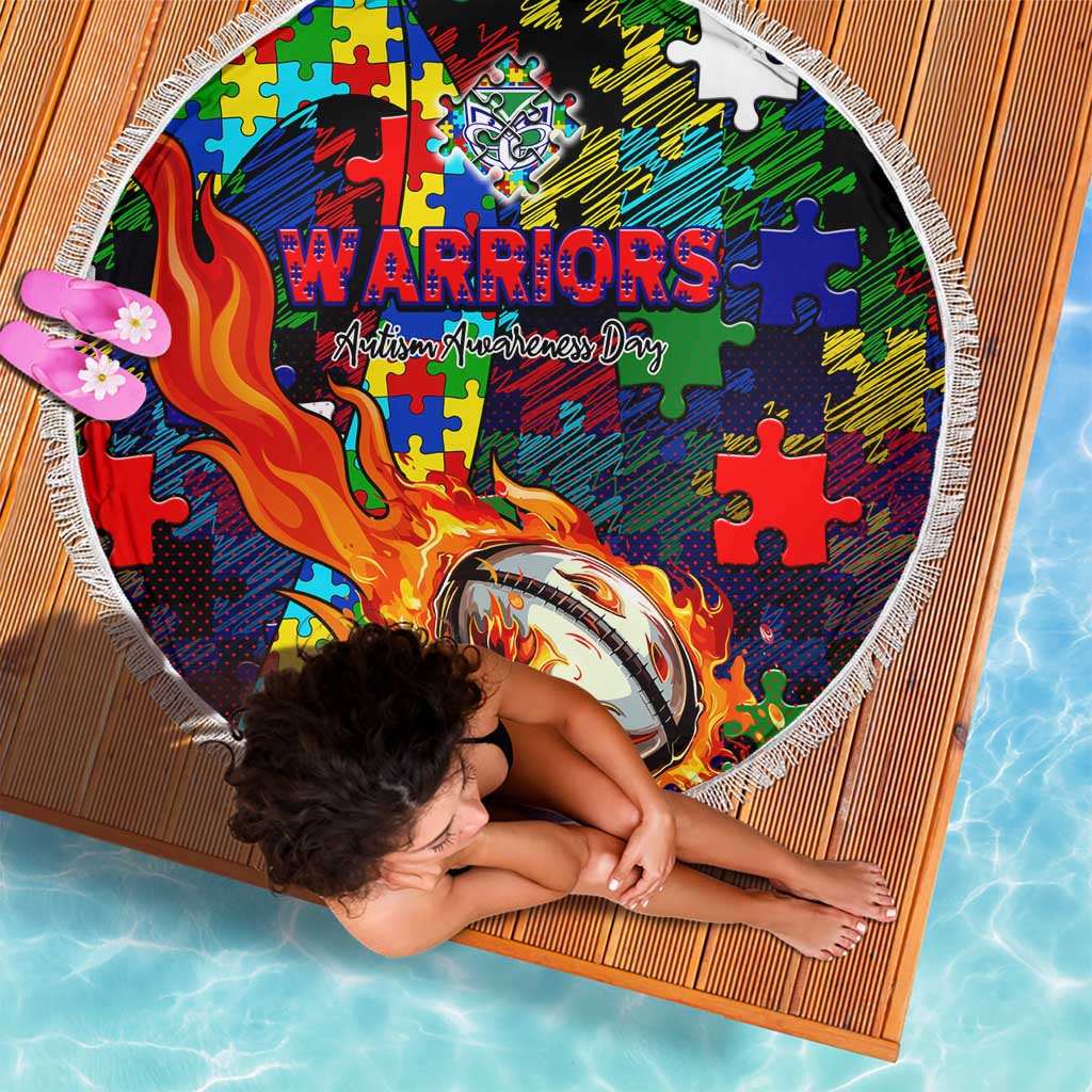New Zealand Warriors Autism Awareness Beach Blanket Puzzle Flames Rugby Ball