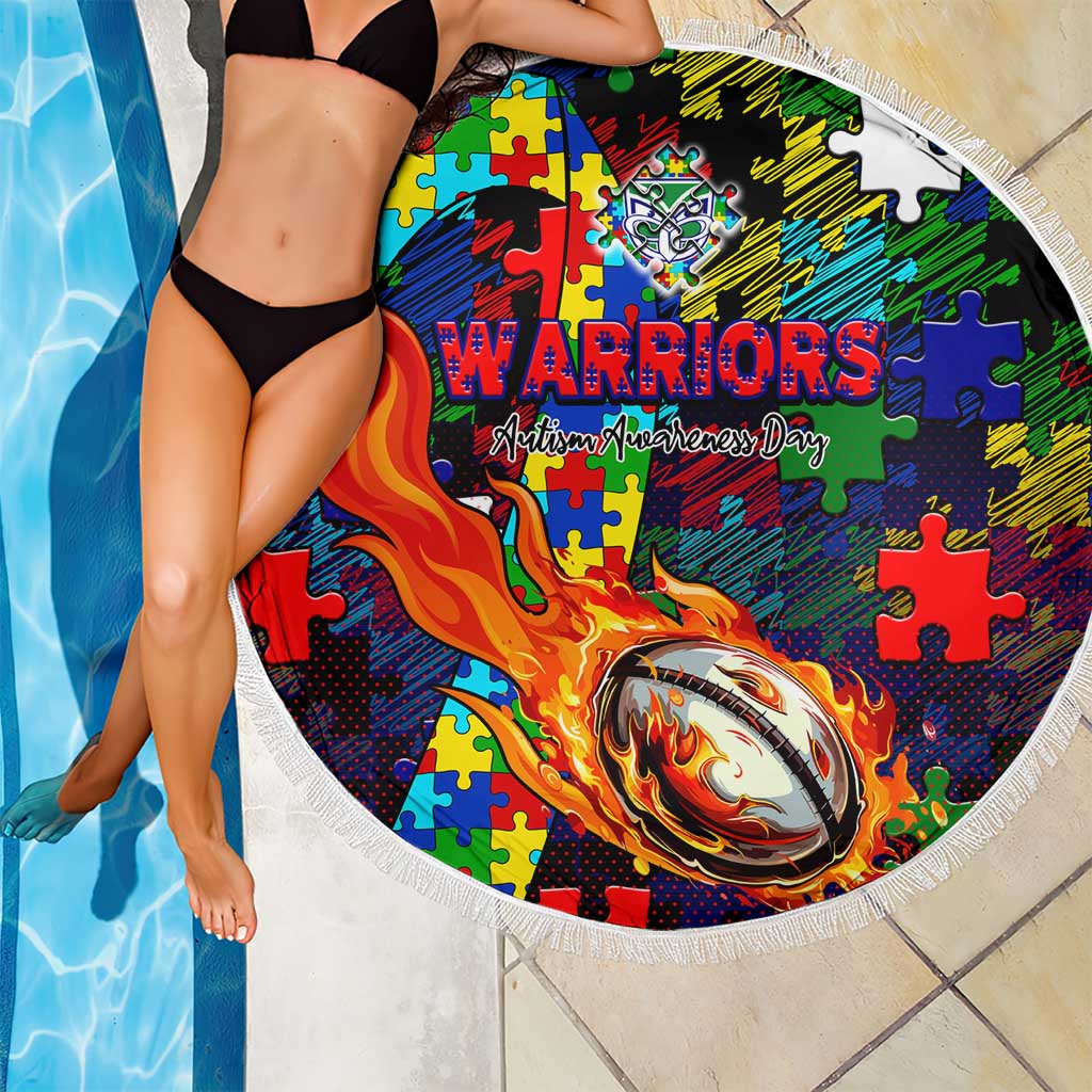New Zealand Warriors Autism Awareness Beach Blanket Puzzle Flames Rugby Ball