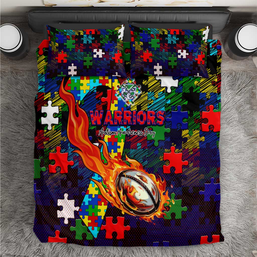 New Zealand Warriors Autism Awareness Bedding Set Puzzle Flames Rugby Ball