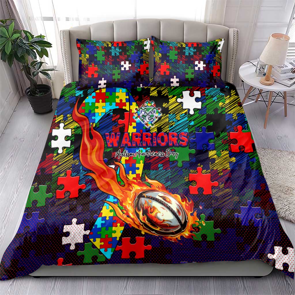 New Zealand Warriors Autism Awareness Bedding Set Puzzle Flames Rugby Ball