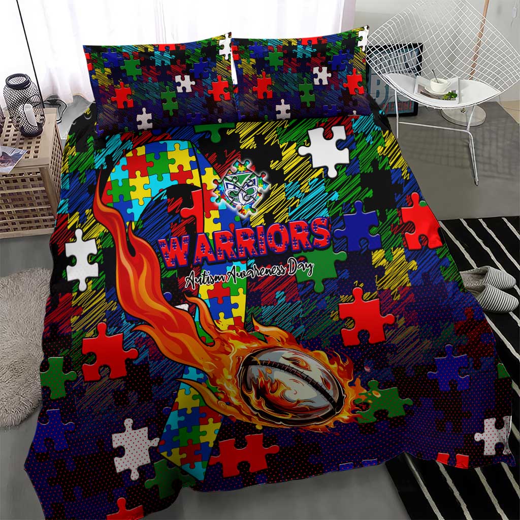 New Zealand Warriors Autism Awareness Bedding Set Puzzle Flames Rugby Ball