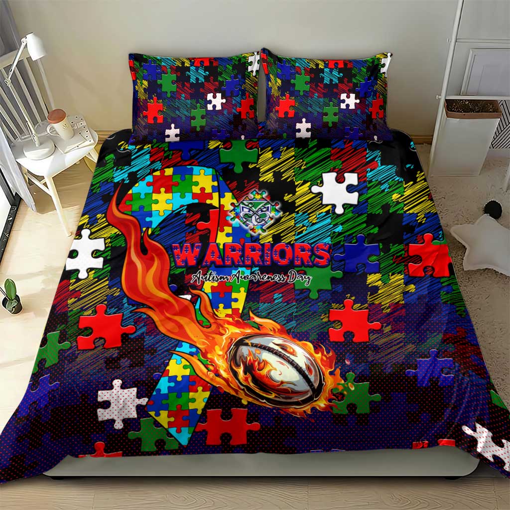 New Zealand Warriors Autism Awareness Bedding Set Puzzle Flames Rugby Ball