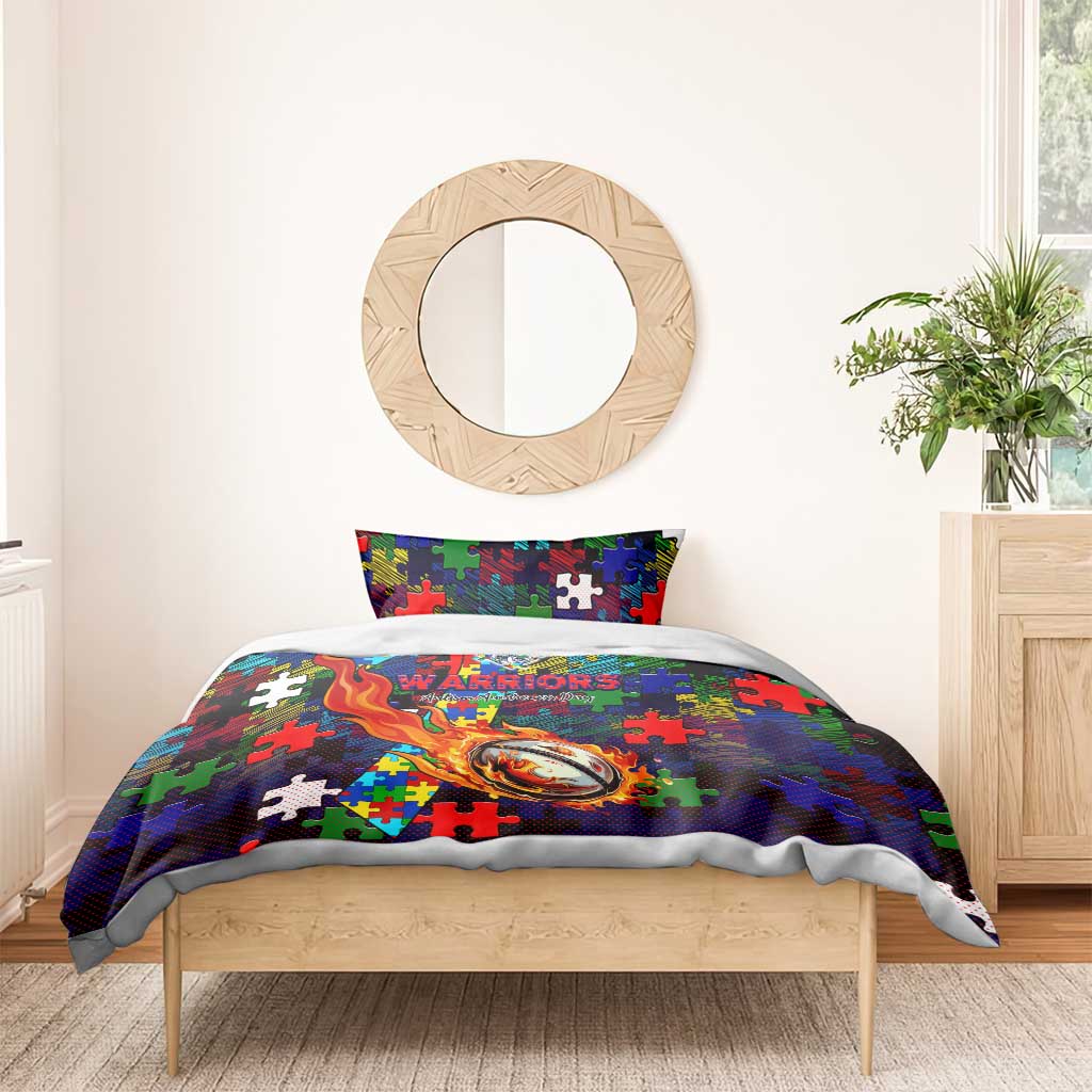 New Zealand Warriors Autism Awareness Bedding Set Puzzle Flames Rugby Ball