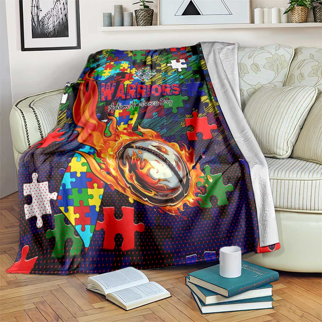 New Zealand Warriors Autism Awareness Blanket Puzzle Flames Rugby Ball