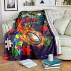 New Zealand Warriors Autism Awareness Blanket Puzzle Flames Rugby Ball