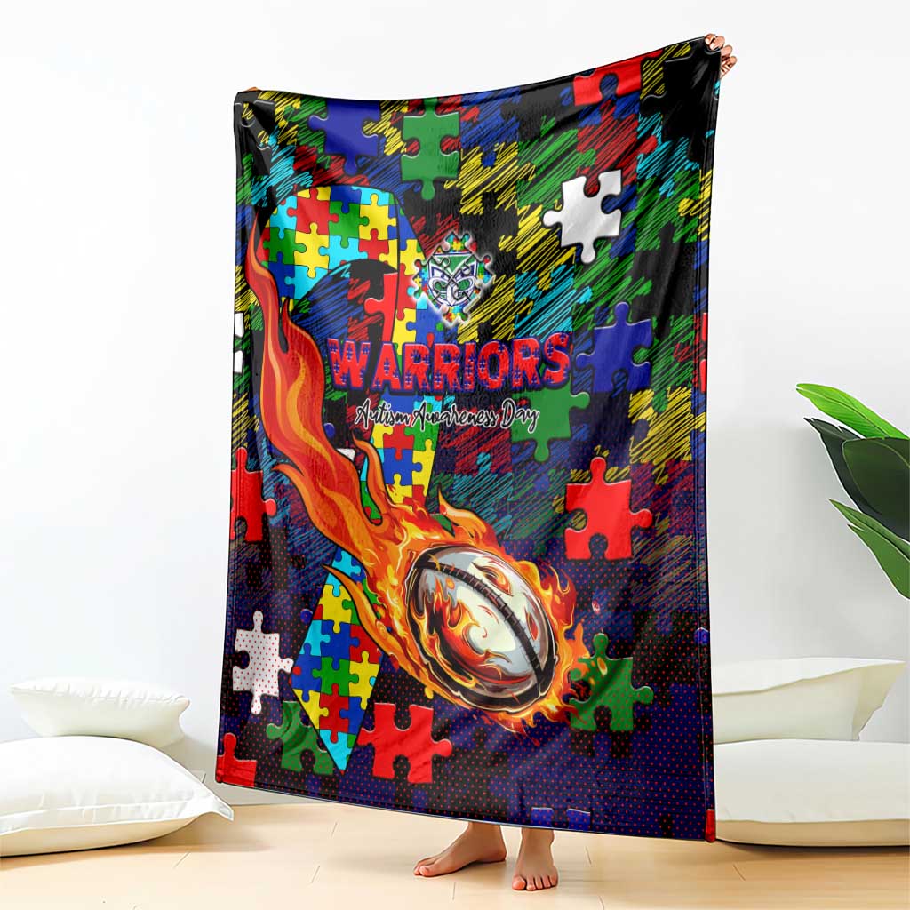 New Zealand Warriors Autism Awareness Blanket Puzzle Flames Rugby Ball