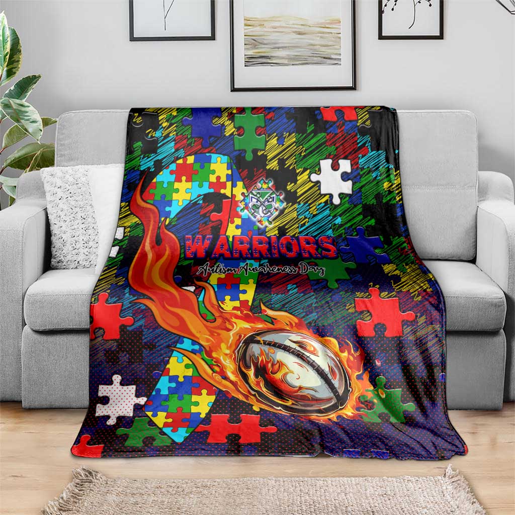 New Zealand Warriors Autism Awareness Blanket Puzzle Flames Rugby Ball