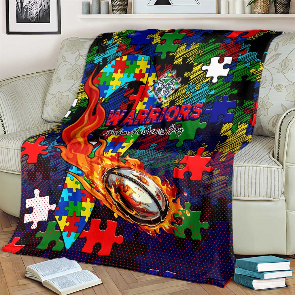 New Zealand Warriors Autism Awareness Blanket Puzzle Flames Rugby Ball