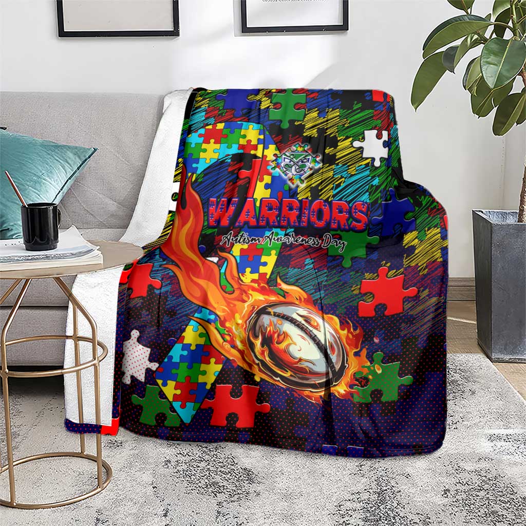 New Zealand Warriors Autism Awareness Blanket Puzzle Flames Rugby Ball