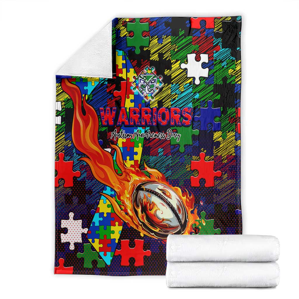 New Zealand Warriors Autism Awareness Blanket Puzzle Flames Rugby Ball