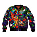 New Zealand Warriors Autism Awareness Bomber Jacket Puzzle Flames Rugby Ball
