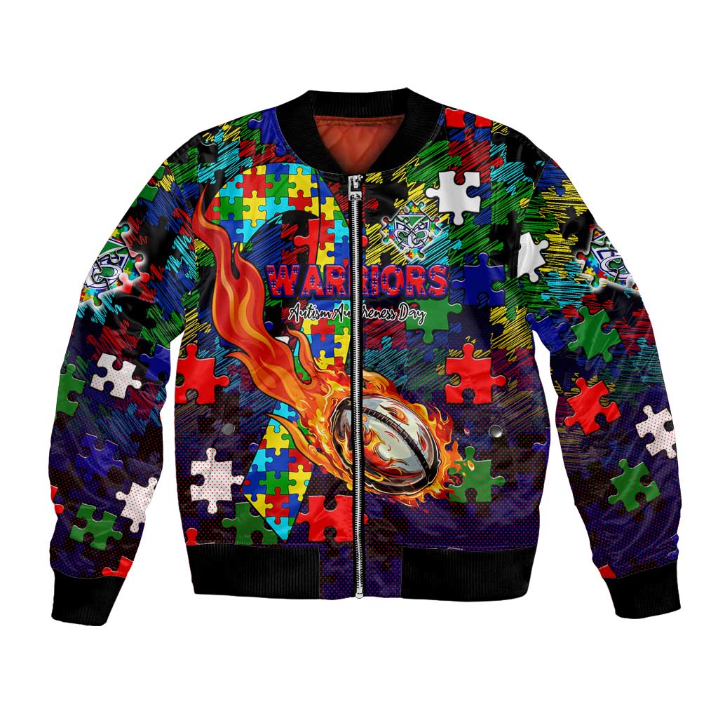 New Zealand Warriors Autism Awareness Bomber Jacket Puzzle Flames Rugby Ball