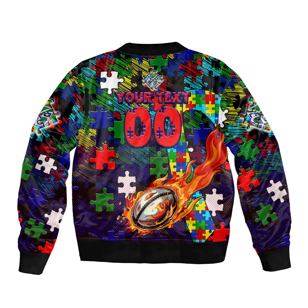 New Zealand Warriors Autism Awareness Bomber Jacket Puzzle Flames Rugby Ball