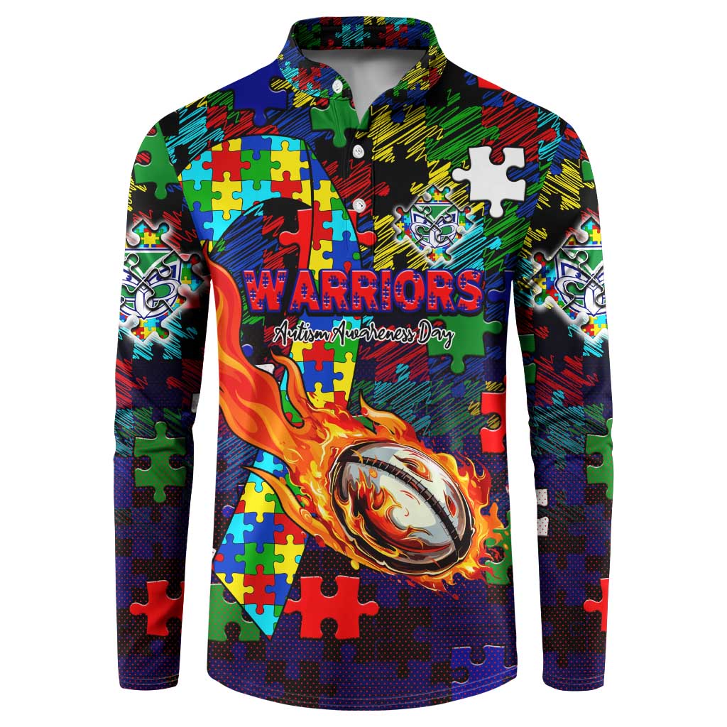 New Zealand Warriors Autism Awareness Button Sweatshirt Puzzle Flames Rugby Ball