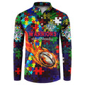 New Zealand Warriors Autism Awareness Button Sweatshirt Puzzle Flames Rugby Ball