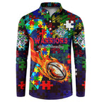 New Zealand Warriors Autism Awareness Button Sweatshirt Puzzle Flames Rugby Ball