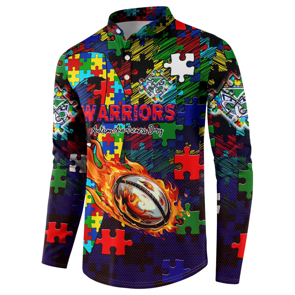 New Zealand Warriors Autism Awareness Button Sweatshirt Puzzle Flames Rugby Ball