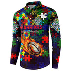 New Zealand Warriors Autism Awareness Button Sweatshirt Puzzle Flames Rugby Ball