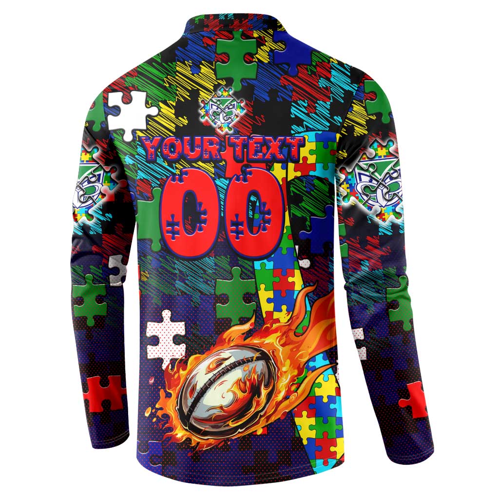 New Zealand Warriors Autism Awareness Button Sweatshirt Puzzle Flames Rugby Ball