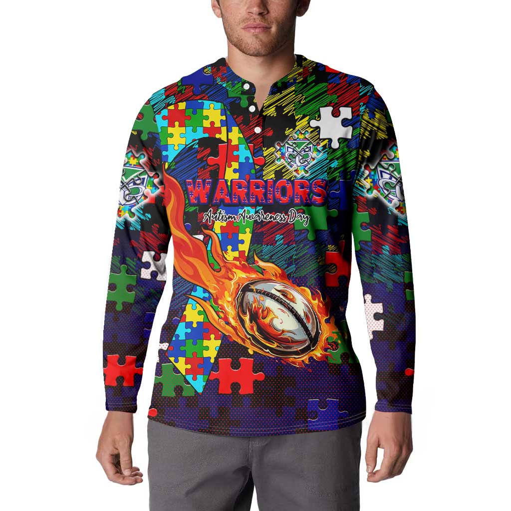 New Zealand Warriors Autism Awareness Button Sweatshirt Puzzle Flames Rugby Ball