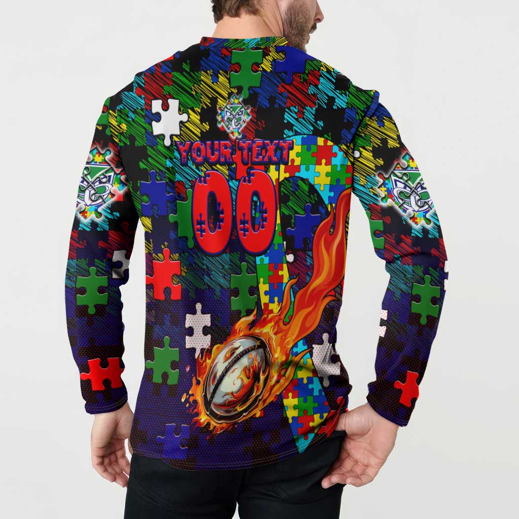 New Zealand Warriors Autism Awareness Button Sweatshirt Puzzle Flames Rugby Ball