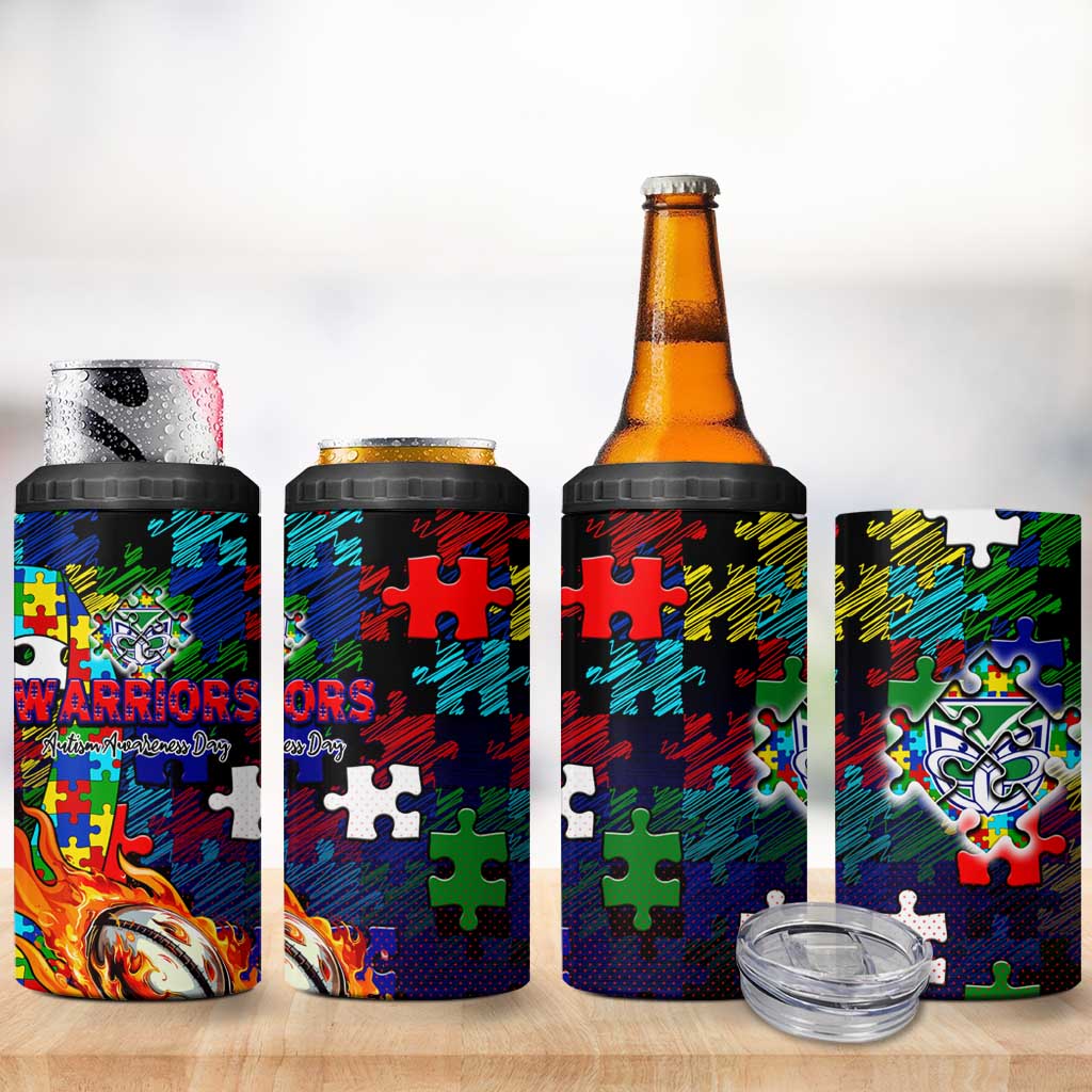 New Zealand Warriors Autism Awareness 4 in 1 Can Cooler Tumbler Puzzle Flames Rugby Ball