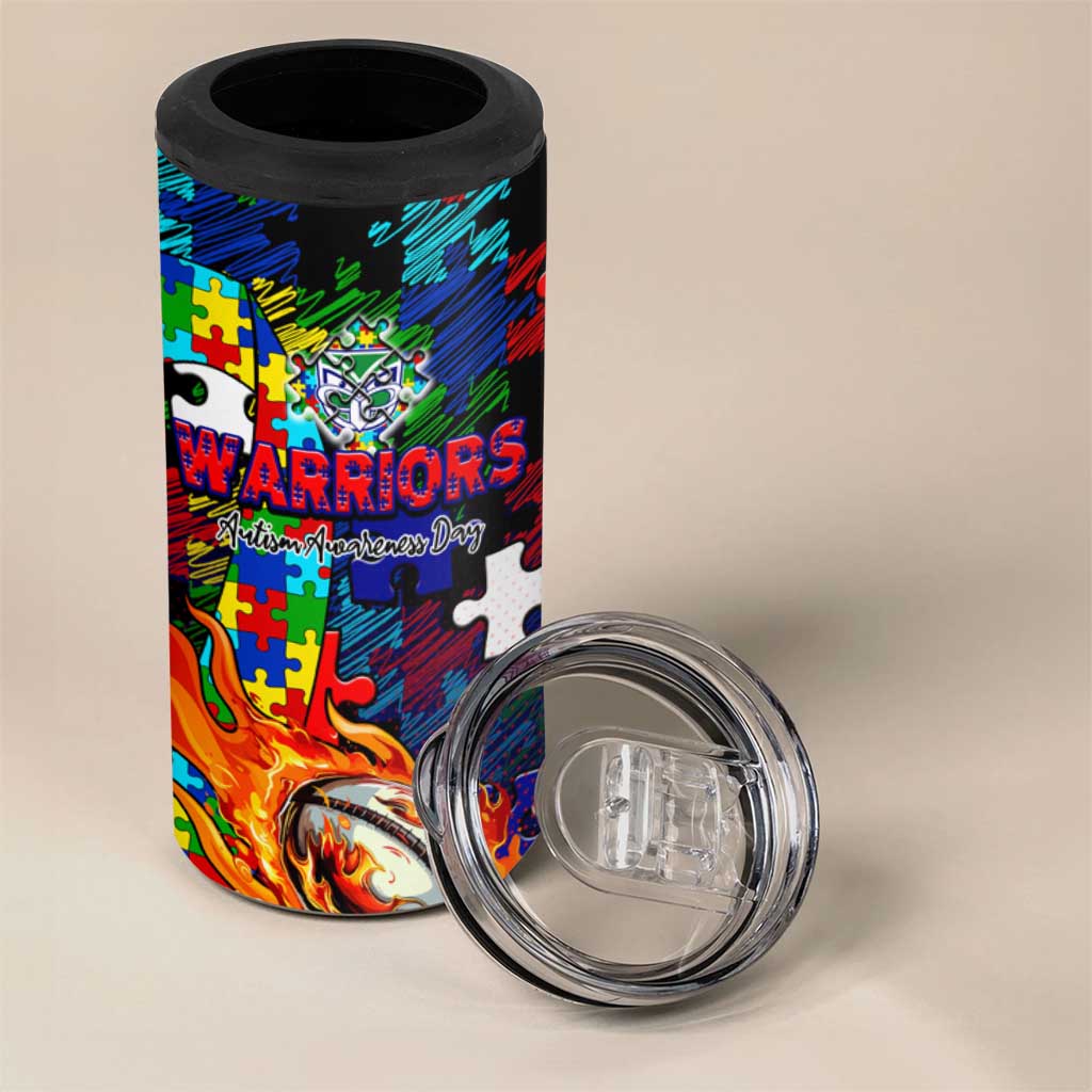 New Zealand Warriors Autism Awareness 4 in 1 Can Cooler Tumbler Puzzle Flames Rugby Ball