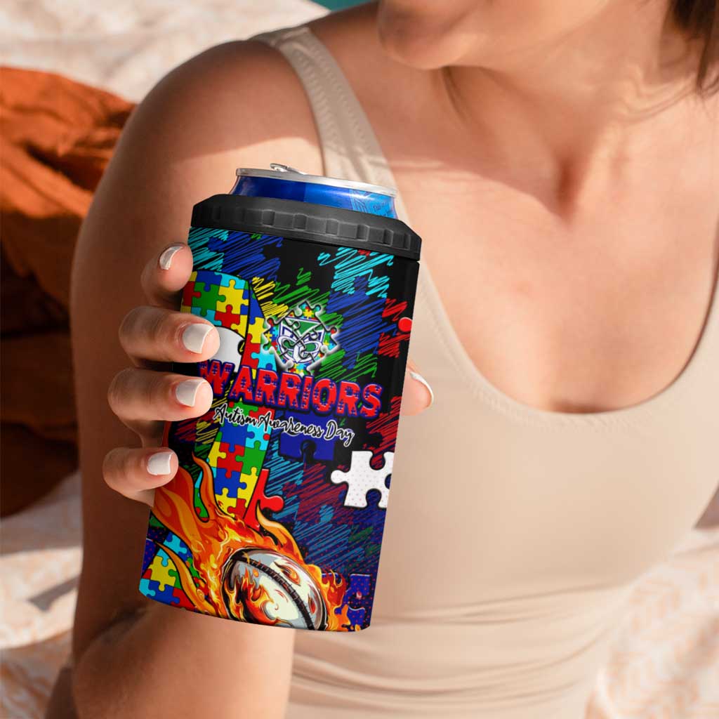 New Zealand Warriors Autism Awareness 4 in 1 Can Cooler Tumbler Puzzle Flames Rugby Ball