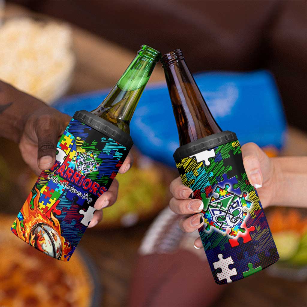 New Zealand Warriors Autism Awareness 4 in 1 Can Cooler Tumbler Puzzle Flames Rugby Ball