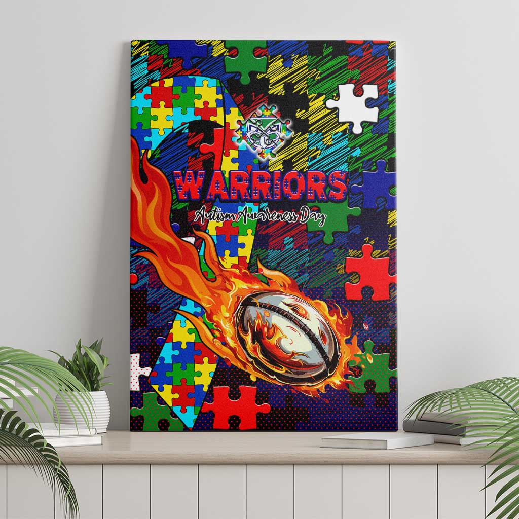 New Zealand Warriors Autism Awareness Canvas Wall Art Puzzle Flames Rugby Ball