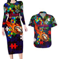 New Zealand Warriors Autism Awareness Couples Matching Long Sleeve Bodycon Dress and Hawaiian Shirt Puzzle Flames Rugby Ball