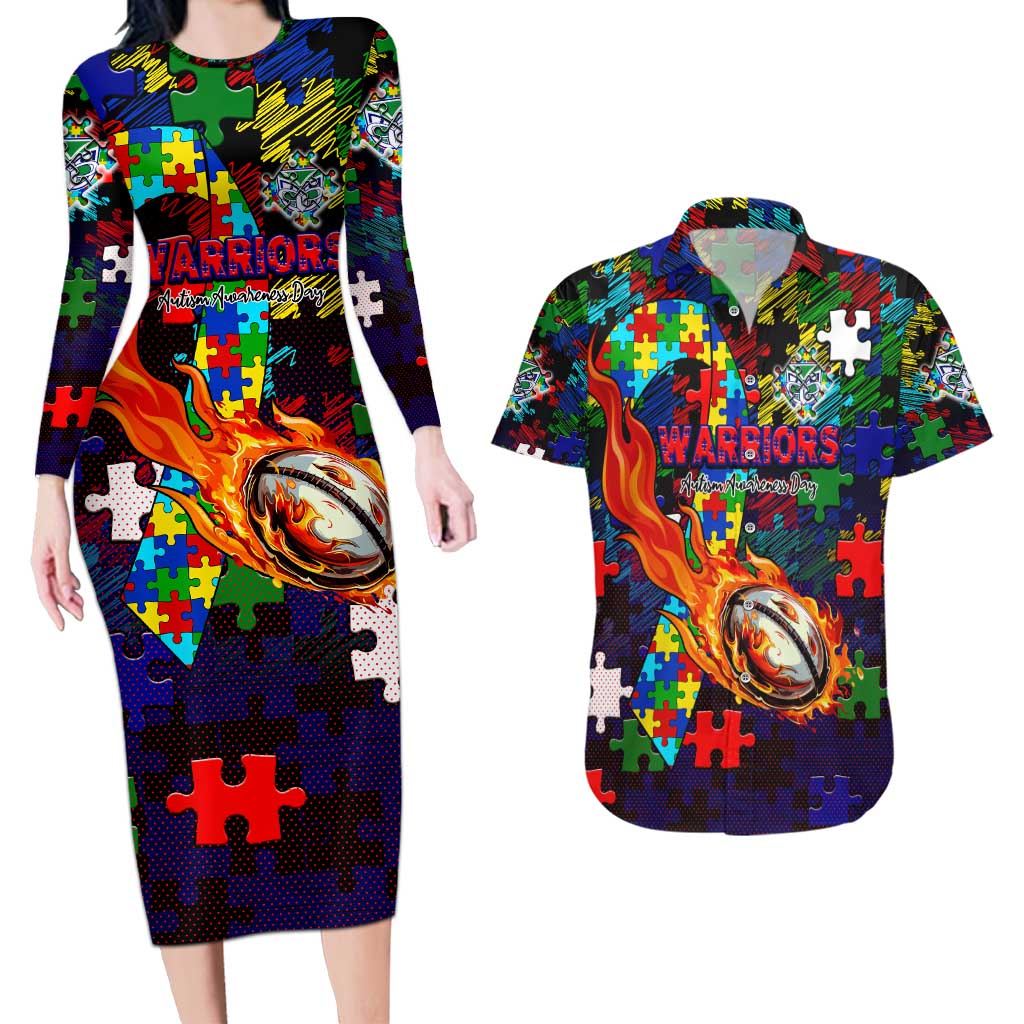 New Zealand Warriors Autism Awareness Couples Matching Long Sleeve Bodycon Dress and Hawaiian Shirt Puzzle Flames Rugby Ball