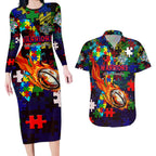 New Zealand Warriors Autism Awareness Couples Matching Long Sleeve Bodycon Dress and Hawaiian Shirt Puzzle Flames Rugby Ball